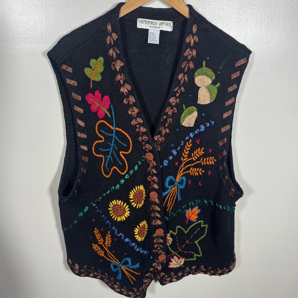 Vtg 90s Victoria Jones Black Fall Acorn Sunflower Embroidered Sweater Vest Sz 2X